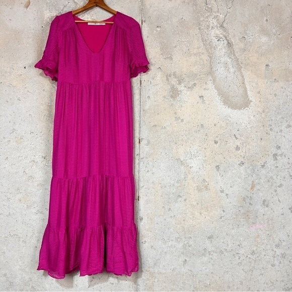 Marie Oliver Vanessa fuschia pink subtle plaid short sleeve v neck maxi dress - Picture 2 of 10